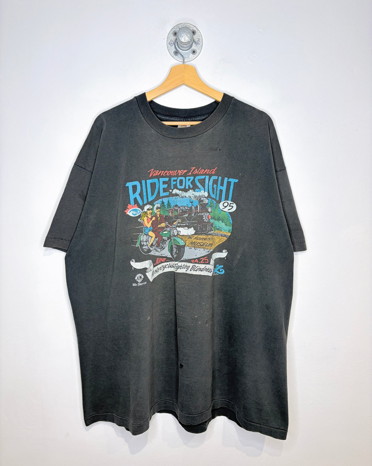 Vintage 1995 Vancouver Island Ride For Sight Distressed Black Tee Shirt