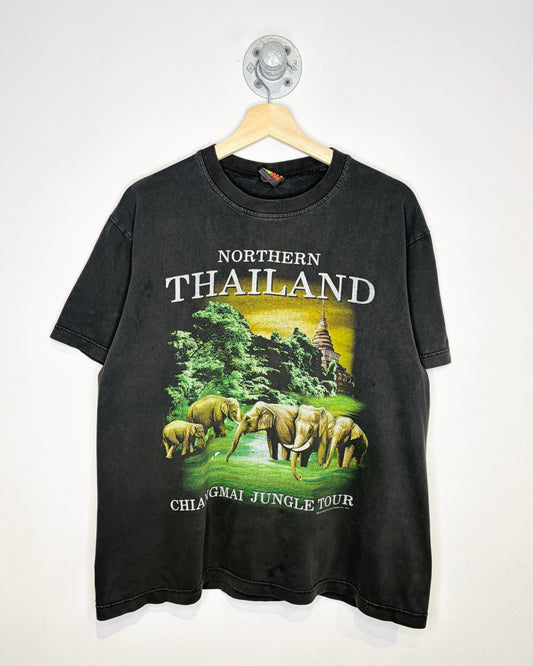 Vintage Northern Thailand Chiangmai Jungle Tour Faded Black Tee Shirt