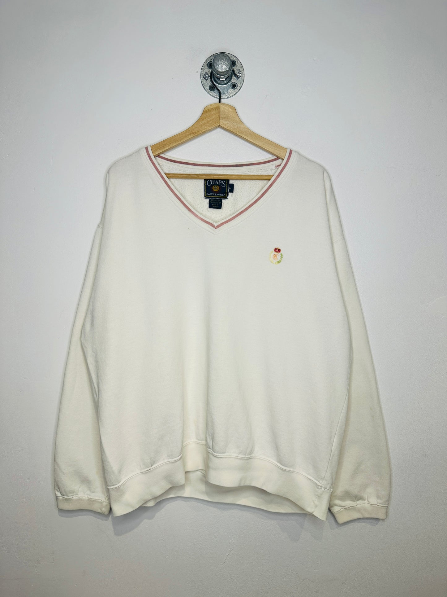 Vintage 1990s Chaps Ralph Lauren White And Pink V-Neck Sweatshirt