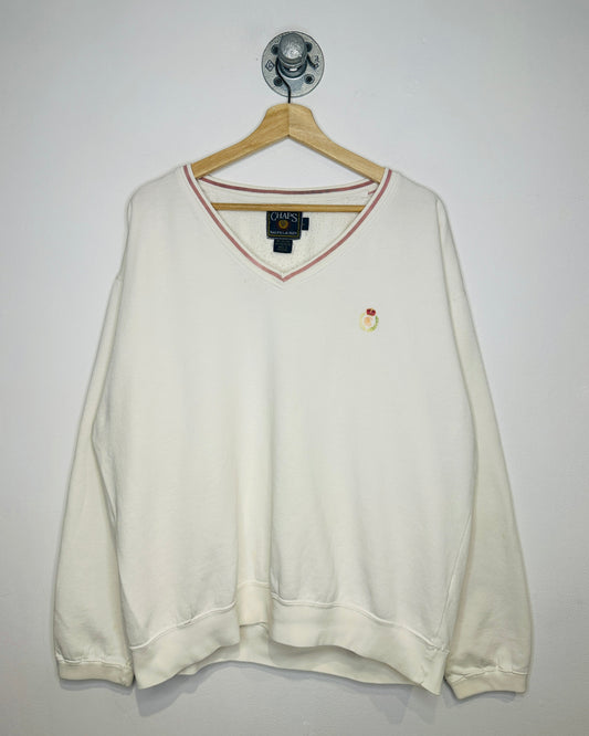 Vintage 1990s Chaps Ralph Lauren White And Pink V-Neck Sweatshirt