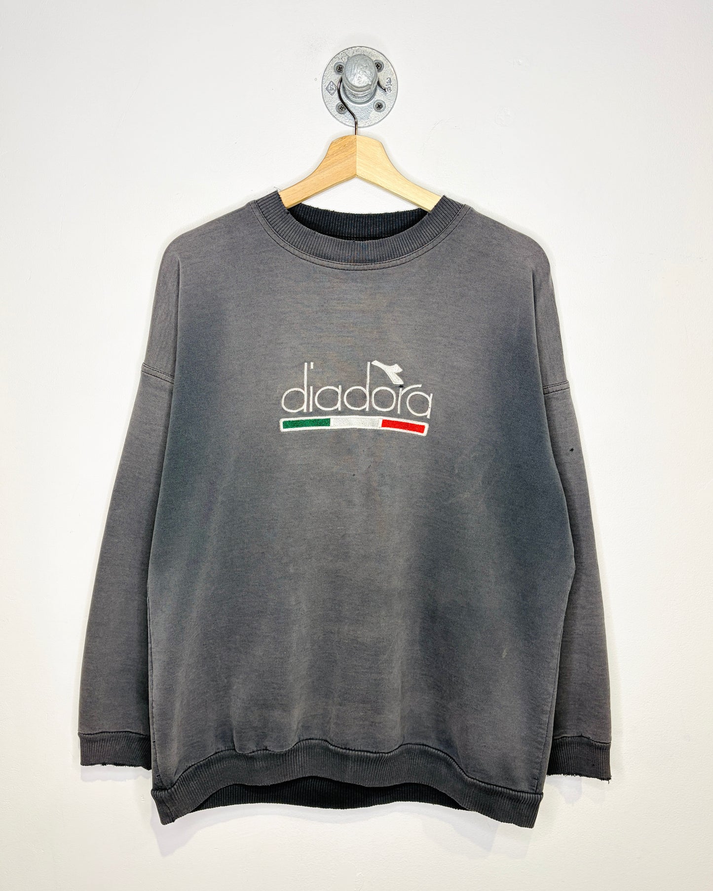 Vintage 90s Diadora Distressed & Heavily Faded Black Crewneck Sweatshirt