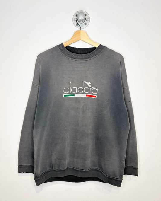 Vintage 90s Diadora Distressed & Heavily Faded Black Crewneck Sweatshirt