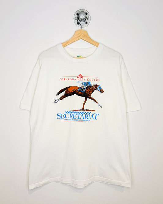 Vintage 1997 Saratoga Secretariat Horse Racing White Tee Shirt