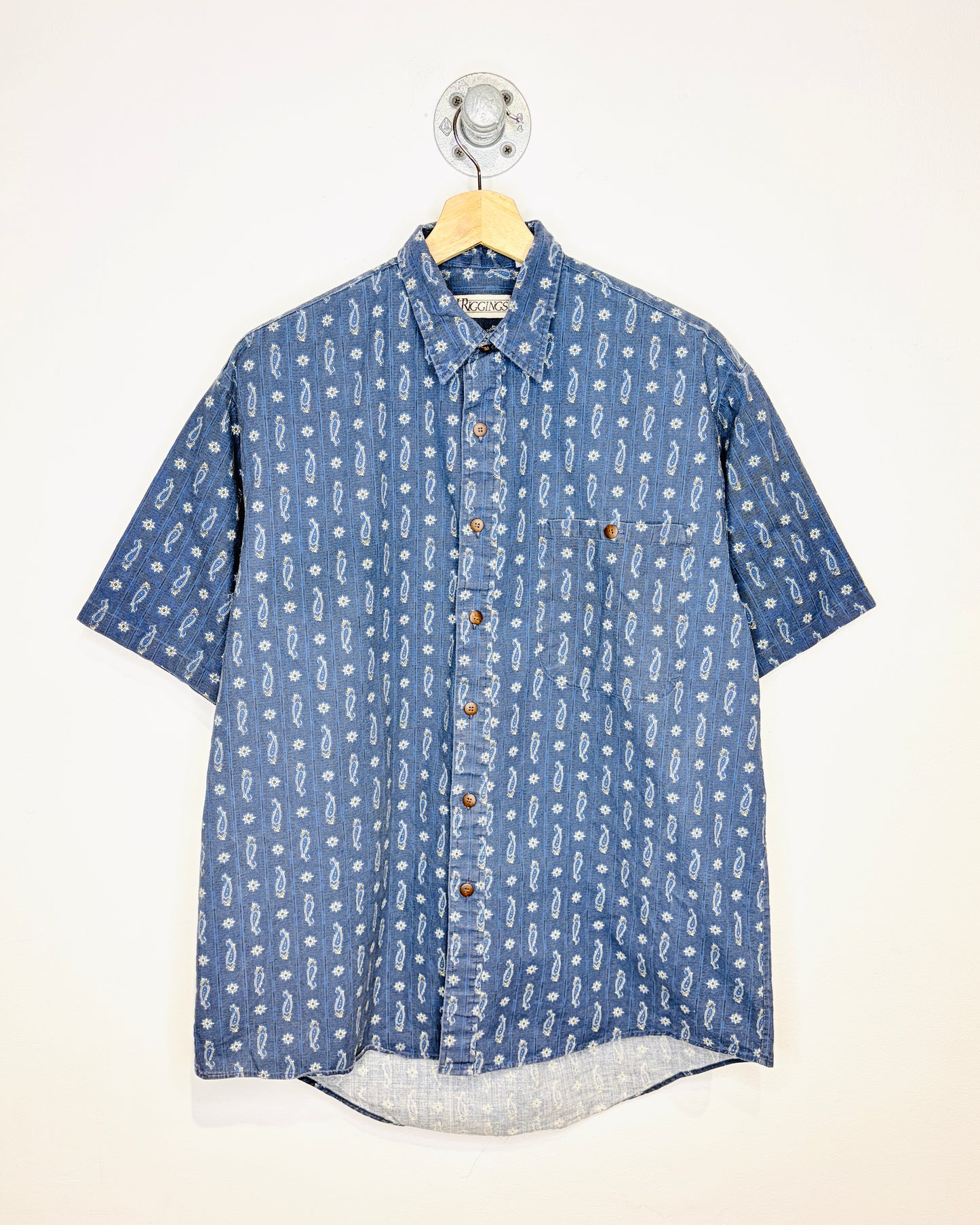 Vintage 90s J. Riggings Paisley Print Blue Short Sleeve Button Up Shirt