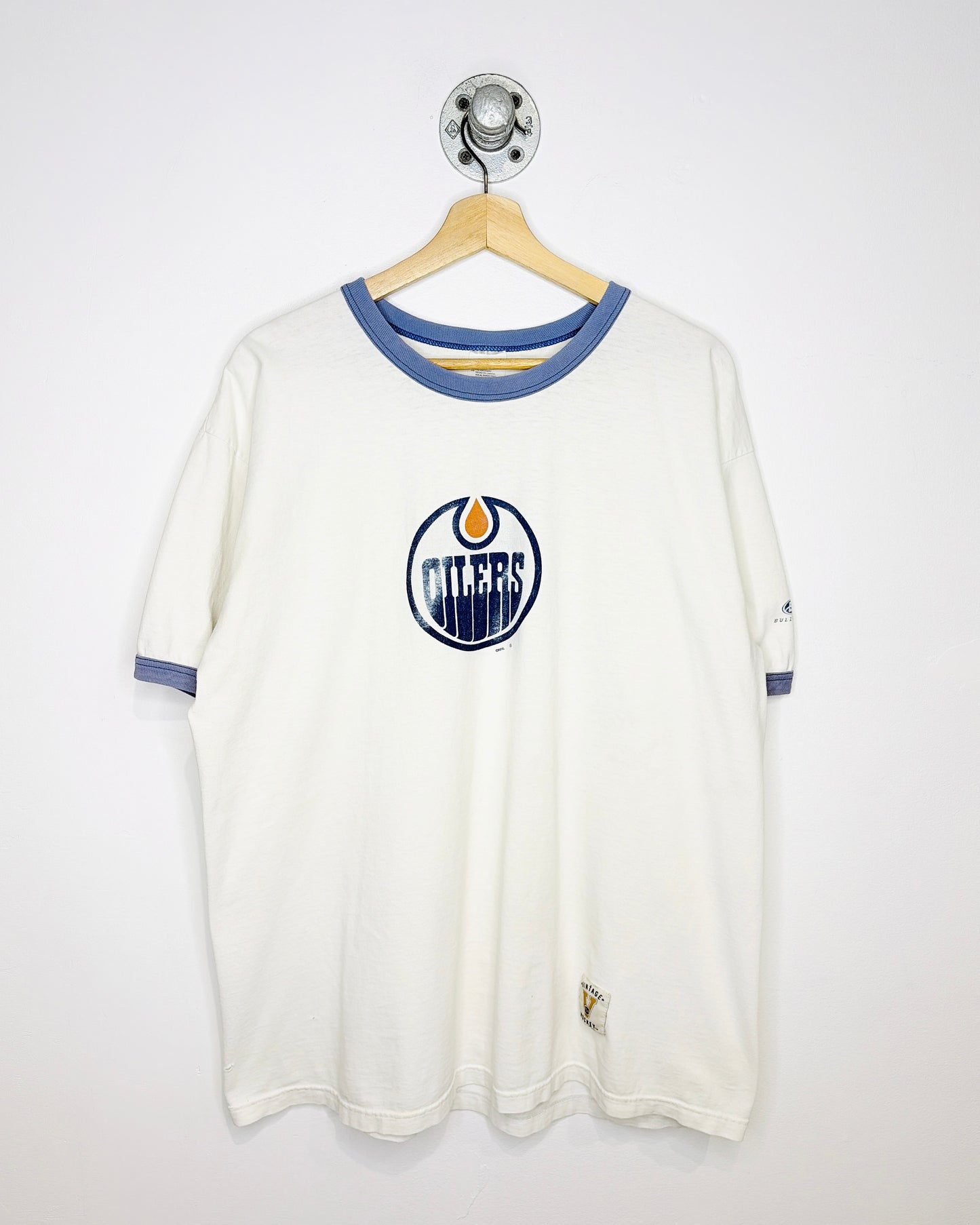Vintage 90s Bulletin Edmonton Oilers White & Faded Blue Ringer Tee Shirt
