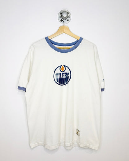Vintage 90s Bulletin Edmonton Oilers White & Faded Blue Ringer Tee Shirt
