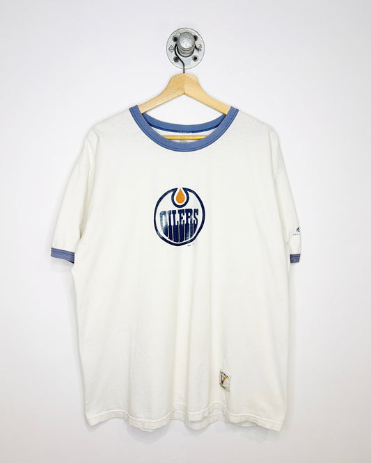 Vintage 90s Bulletin Edmonton Oilers White & Faded Blue Ringer Tee Shirt