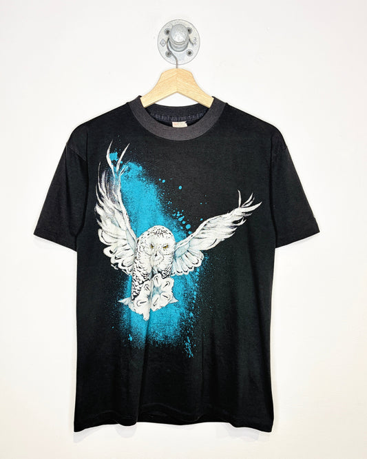 Vintage 80s Owl Graphic Paper Thin Black Tee Shirt