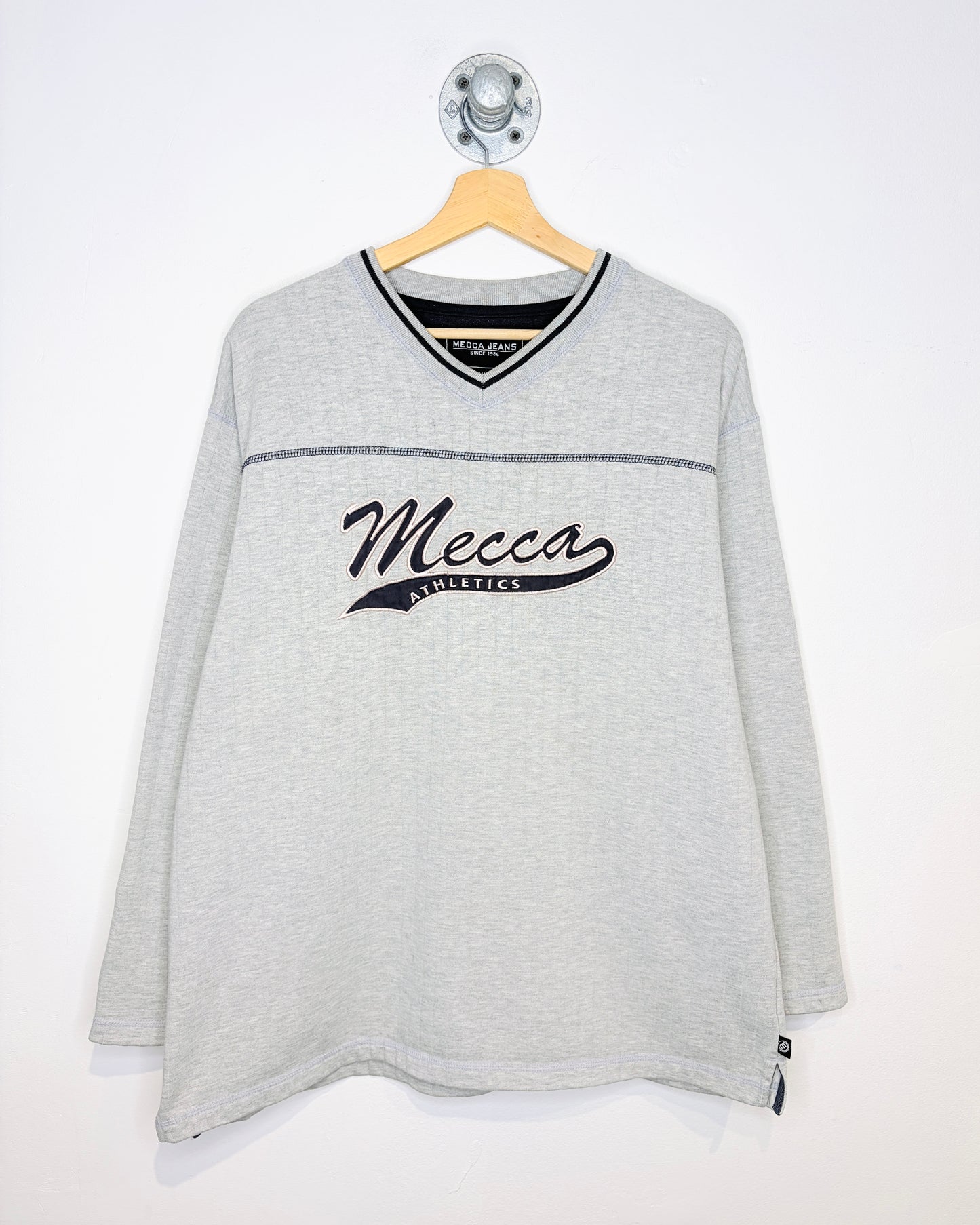 Vintage Y2K Mecca Athletics Grey Ribbed V-Neck Sweatshirt