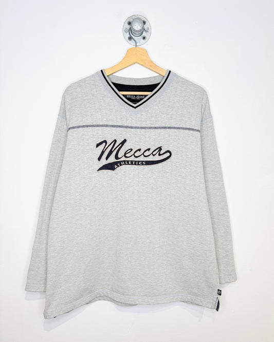 Vintage Y2K Mecca Athletics Grey Ribbed V-Neck Sweatshirt