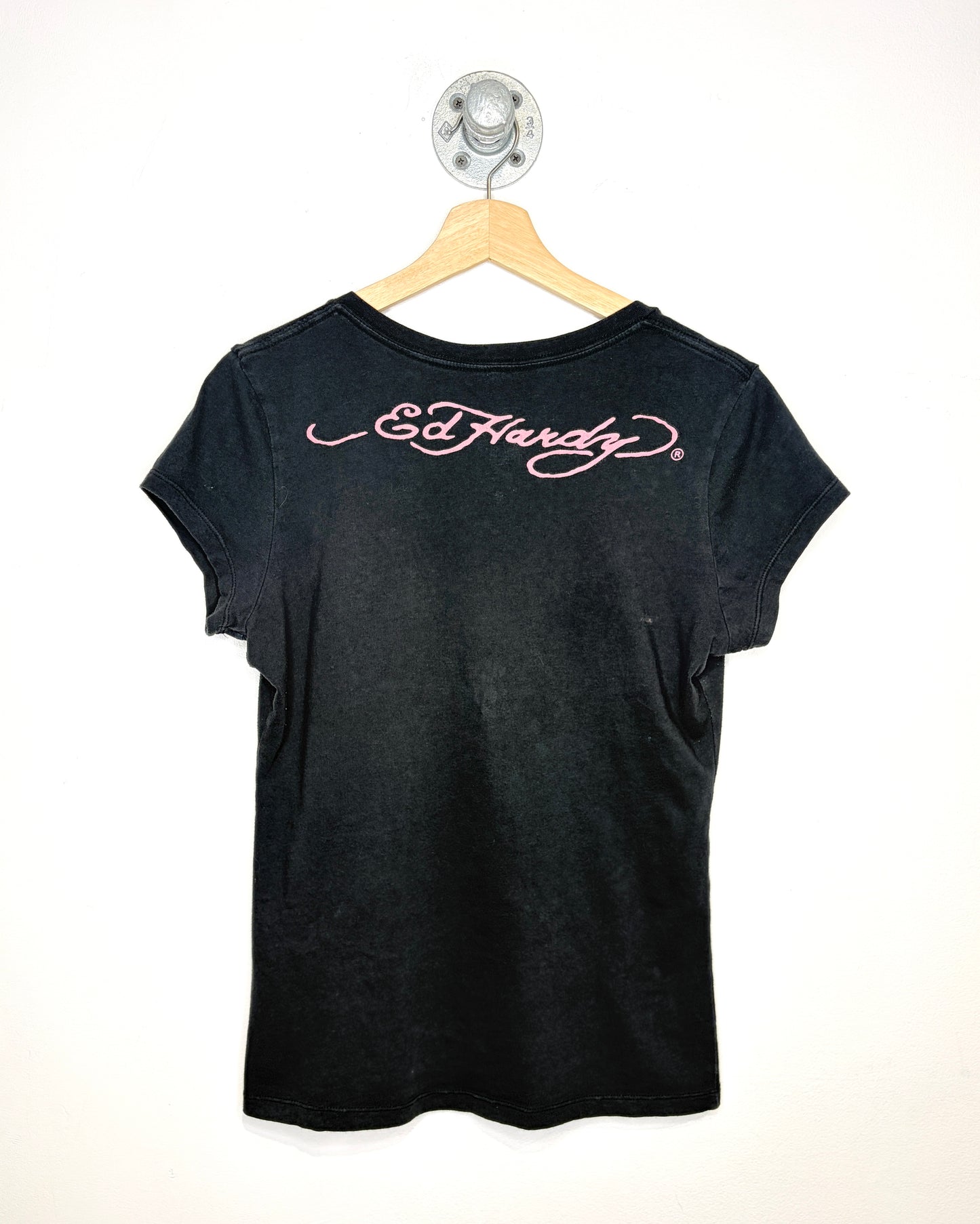 Y2K Women’s Ed Hardy Embroidered Black V-Neck Shirt