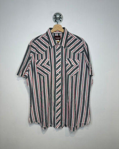 2000s Wrangler Red and Grey Striped Short Sleeve Snap Button Shirt