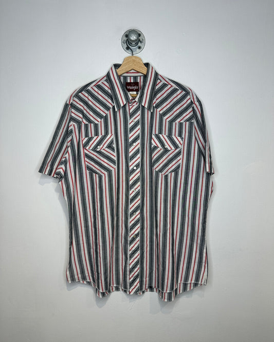 2000s Wrangler Red and Grey Striped Short Sleeve Snap Button Shirt
