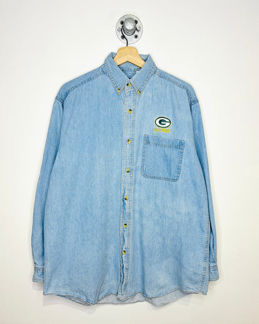 Vintage 90s Green Bay Packers Light Wash Denim Button Up Shirt