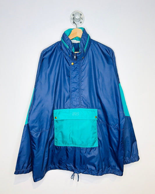 Vintage 90s ASICS TwoTone Navy Blue Half Zip Hooded Winbreaker