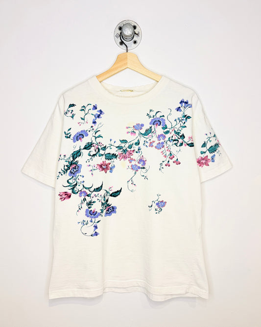 Vintage Floral Print Distressed White Tee Shirt