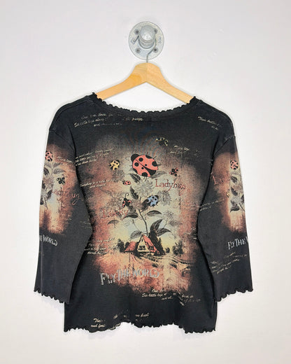 Lady Bug “Fly The World” Rhinestone Black Graphic Print Tee Shirt