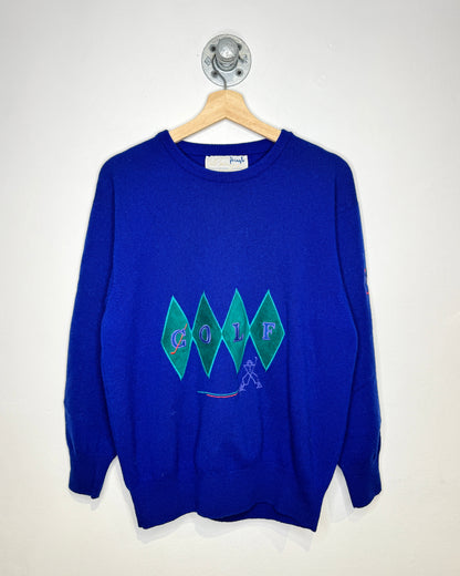 Vintage 90s Golf Scottish Made Blue Wool Knit Sweater