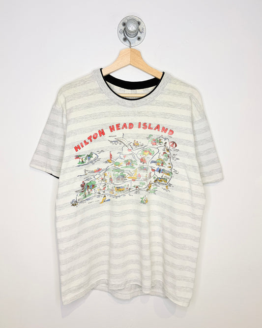 Vintage 1990s Hilton Head Island Tourist White And Grey Tee Shirt
