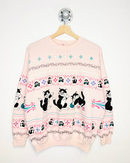 Vintage 1980s Kitten All Over Print Pink Crewneck Sweatshirt