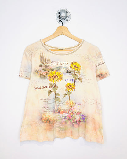 Vintage Y2K Women's Sunflowers All Over Print Pink Tee Shirt