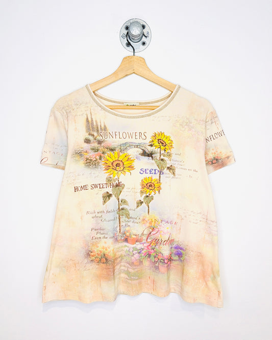 Vintage Y2K Women's Sunflowers All Over Print Pink Tee Shirt