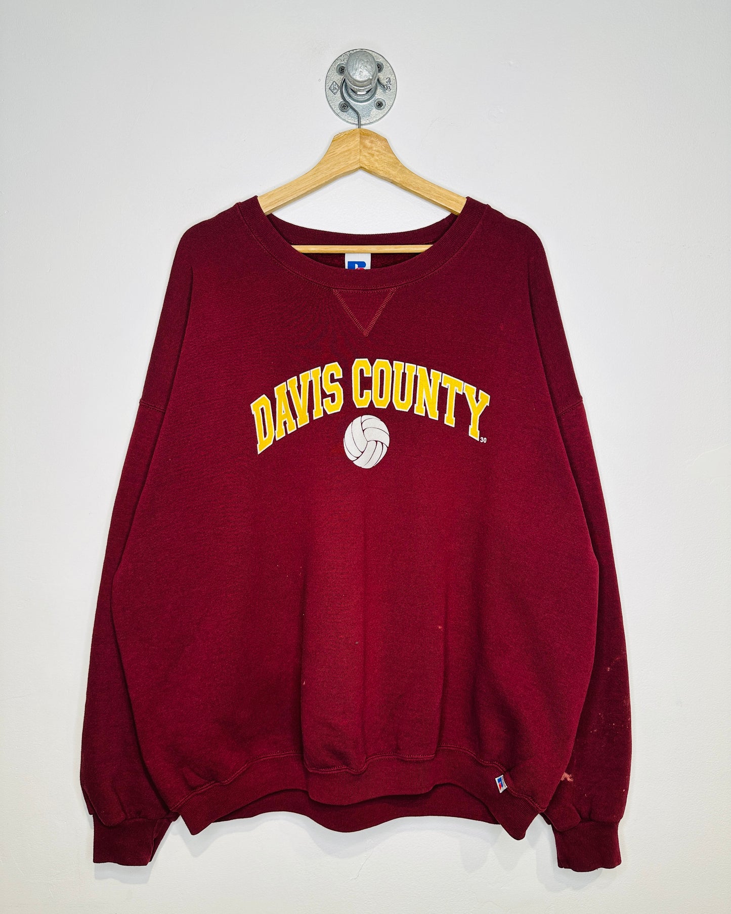 Vintage Davis County Russell Athletics Volleyball Burgundy Bleach Stained Crewneck Sweatshirt