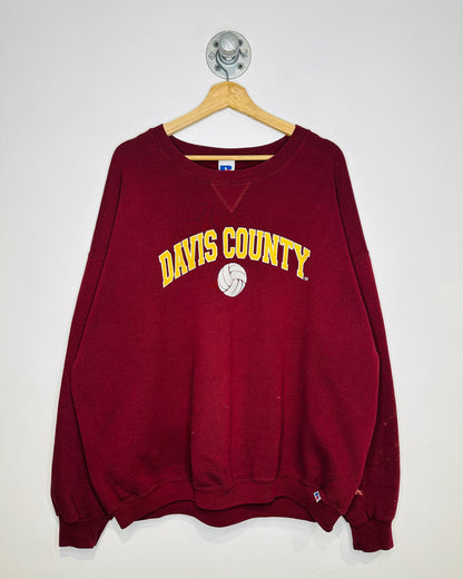 Vintage Davis County Russell Athletics Volleyball Burgundy Bleach Stained Crewneck Sweatshirt