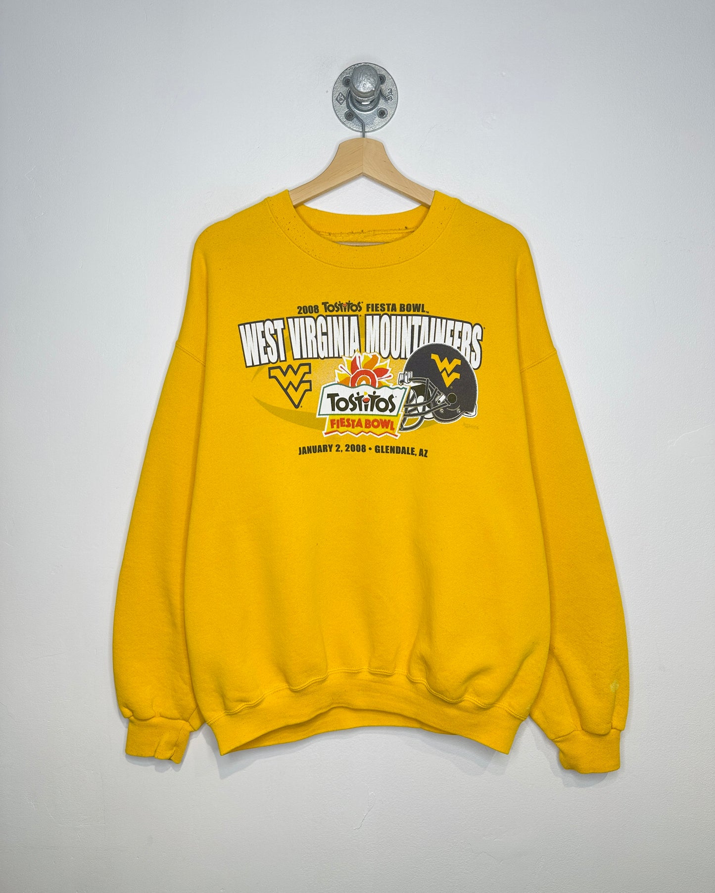 Vintage 2008 West Virginia Mountaineers Tostitos Fiesta Bowl Yellow Crewneck Sweatshirt