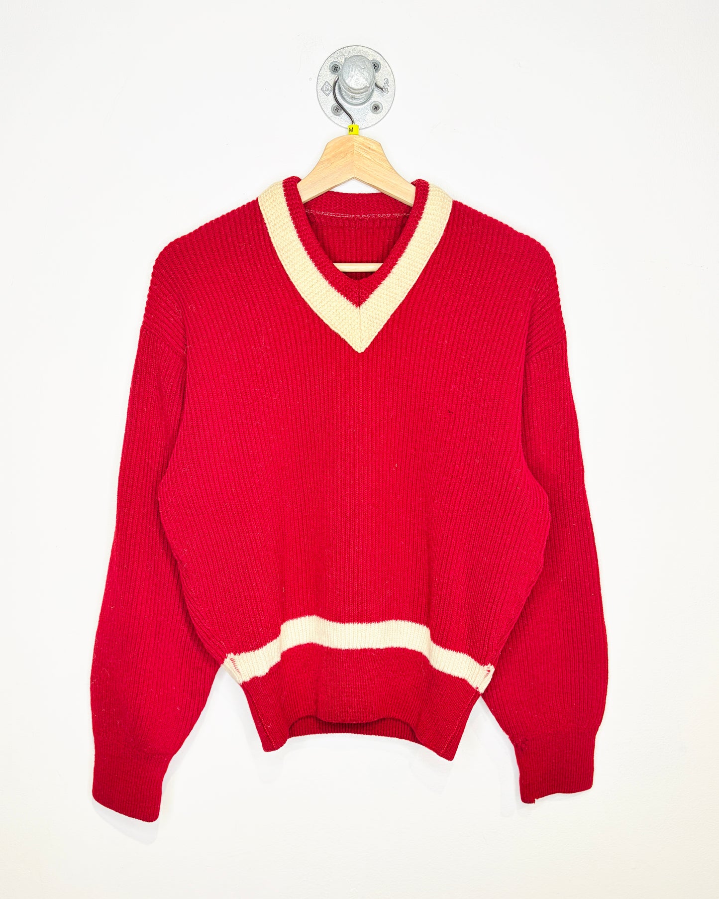 Vintage 1960s V Neck Red And White Trim Wool Sweater