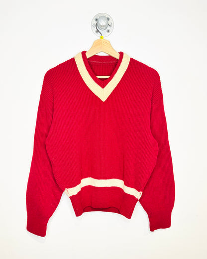 Vintage 1960s V Neck Red And White Trim Wool Sweater