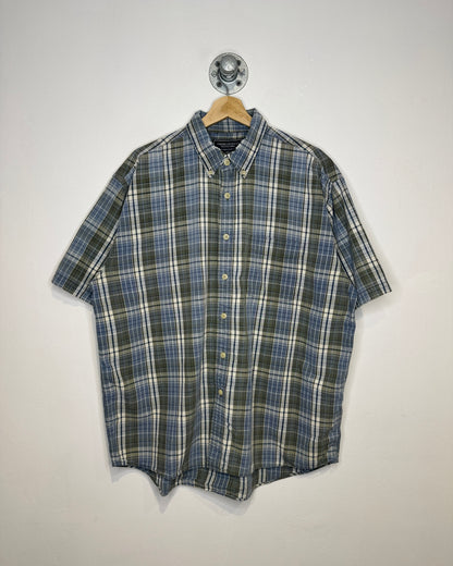 2000s American Eagle Outfitters Short Sleeve Blue And Green Tartan Plaid Short Sleeve Button Down Shirt