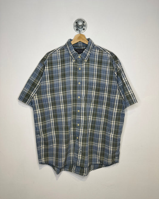 2000s American Eagle Outfitters Short Sleeve Blue And Green Tartan Plaid Short Sleeve Button Down Shirt