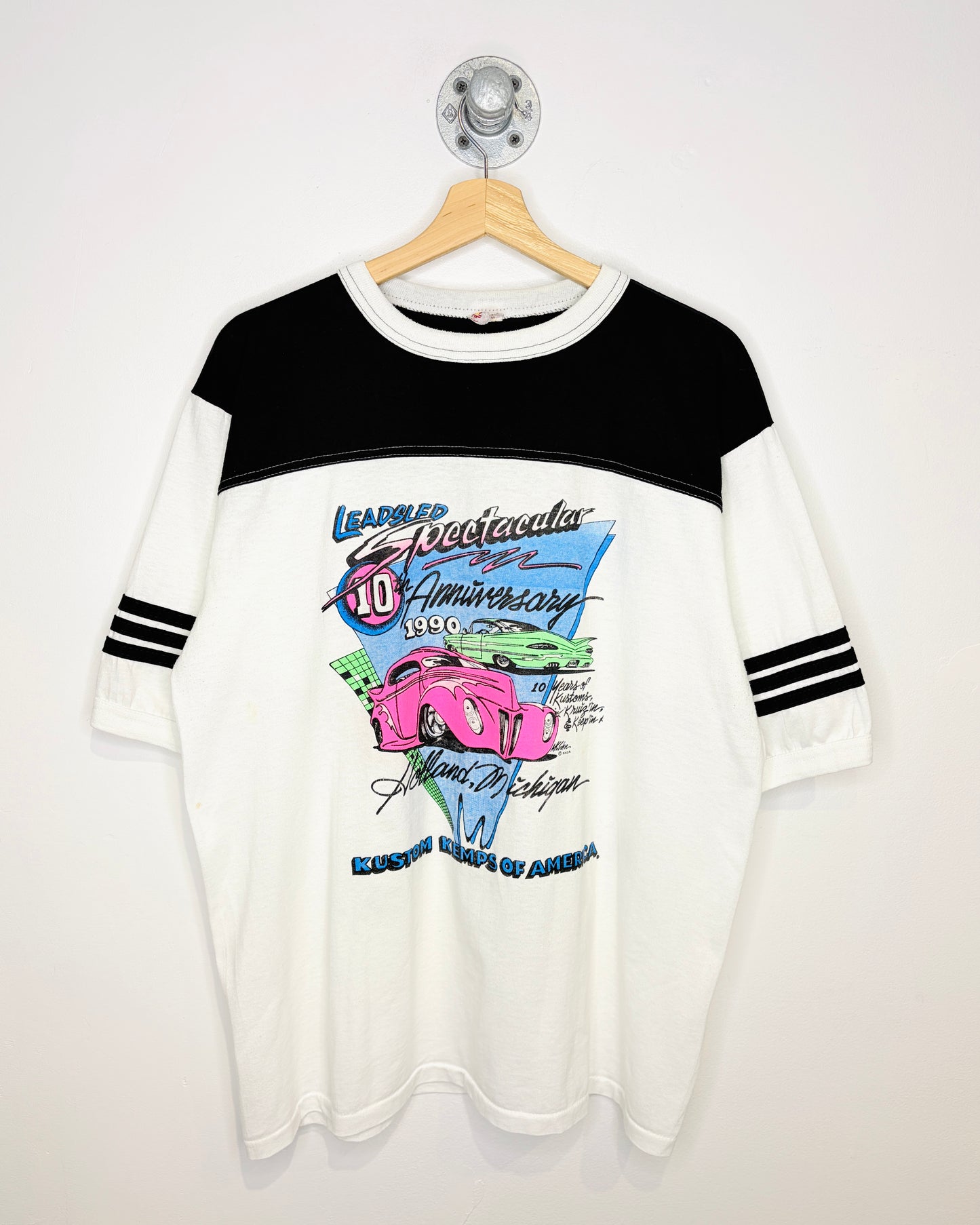 Vintage 1990 Leadsled Spectacular TwoTone White Ringer Tee Shirt