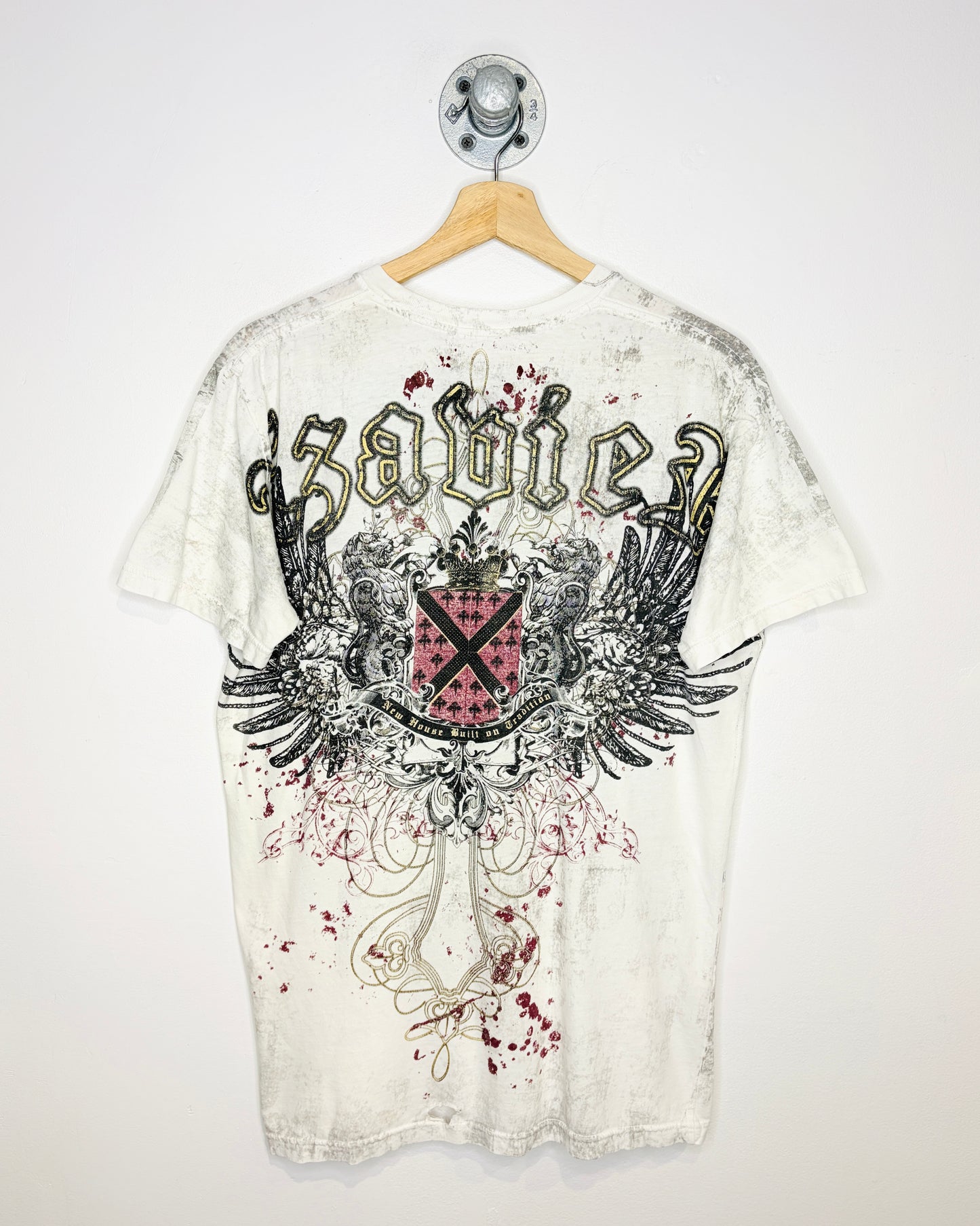 New House Built On Tradition Affliction Style Print White Tee Shirt