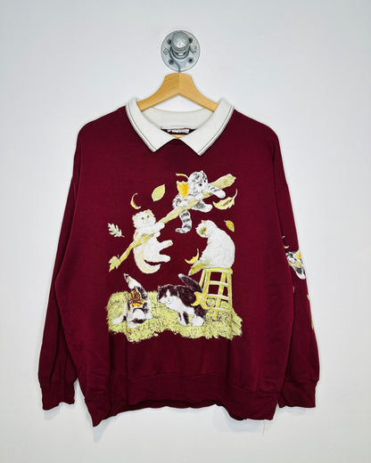 Vintage 1990s Kitten And Stool Polo Collar Layered Burgundy Polyester Sweatshirt