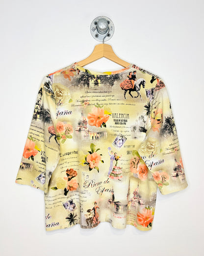 Valencia And Flowers Short Sleeve V Neck Tee Shirt
