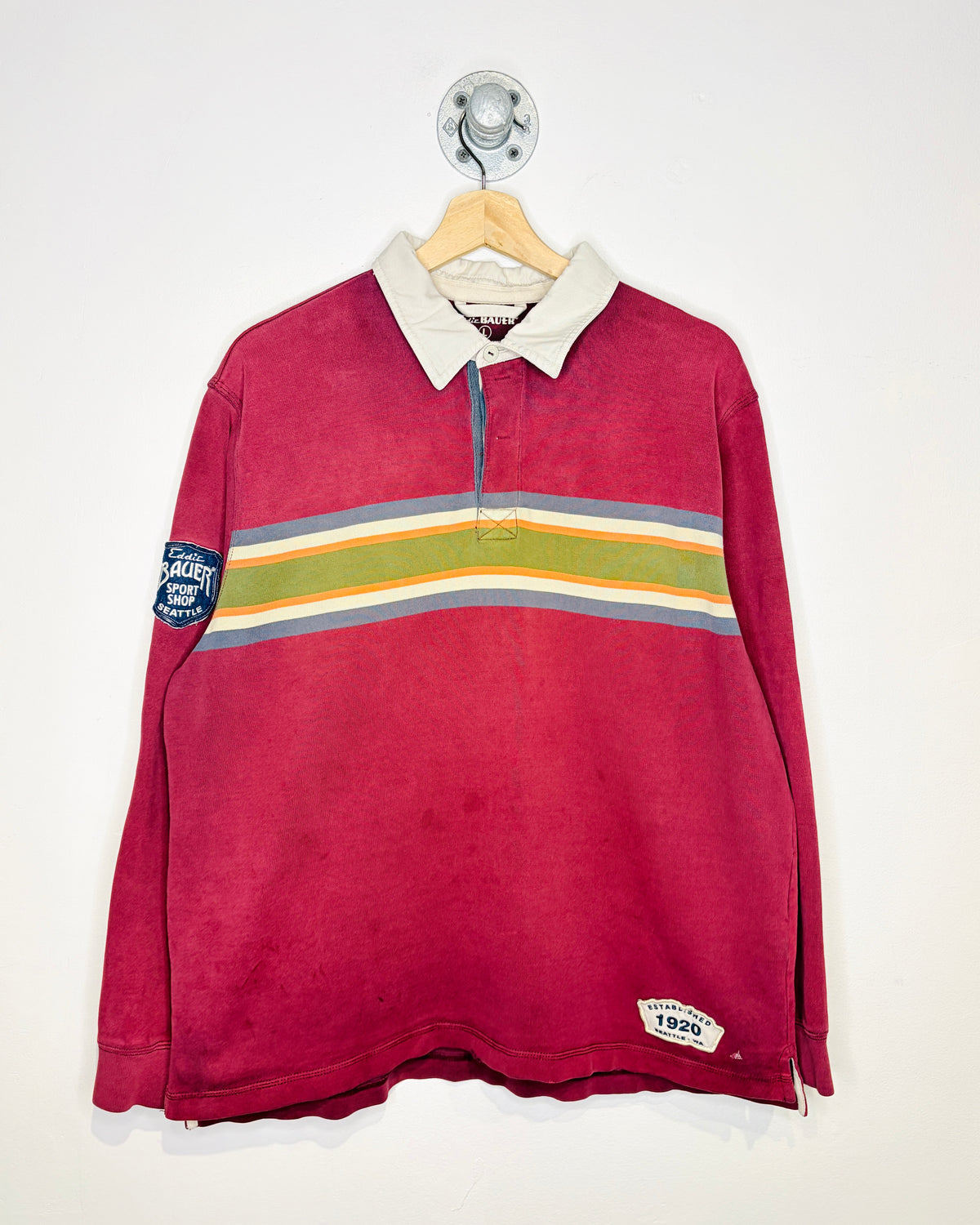 Vintage 2000s Eddie Bauer Burgundy Multi-Striped Long Sleeve Rugby Shirt