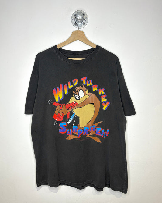 Vintage 1993 Looney Tunes Taz Wild Turkey Surprise Faded Black Tee Shirt