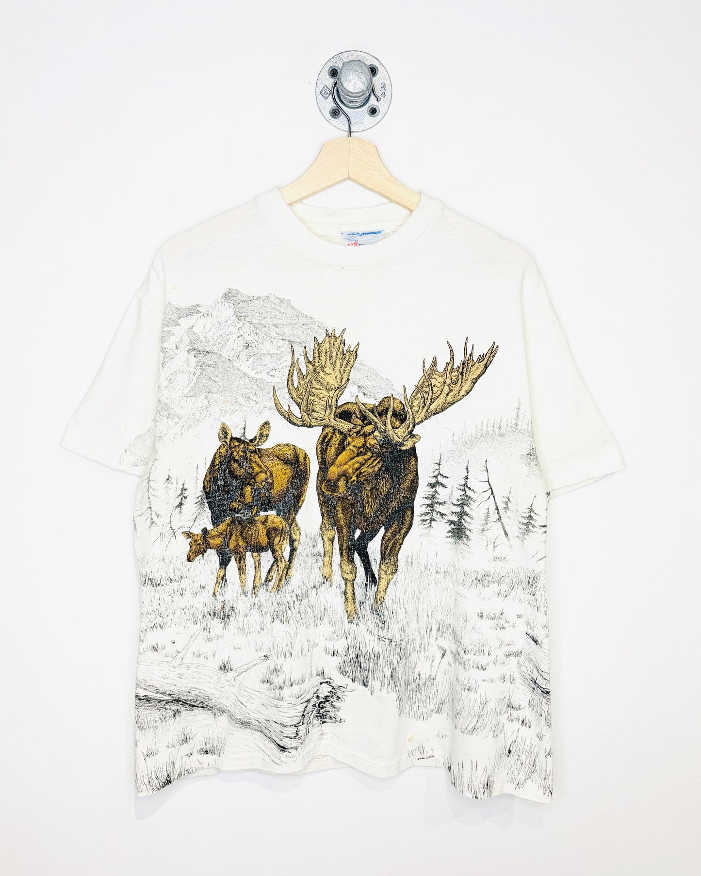 Vintage 1993 Moose AOP Distressed White Tee Shirt
