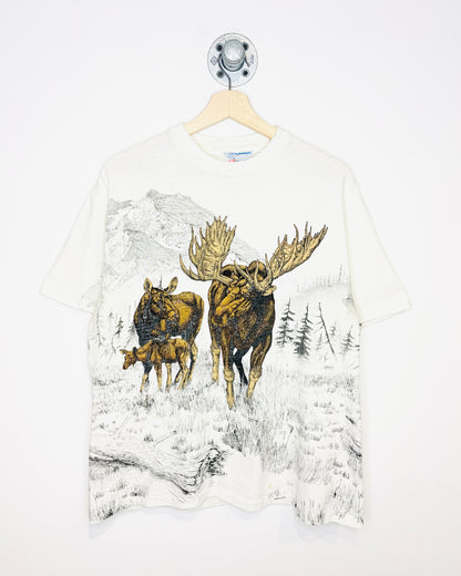 Vintage 1993 Moose AOP Distressed White Tee Shirt