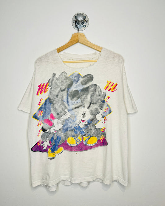 Vintage 90s Minnie & Mickey Mouse Distressed White Tee Shirt
