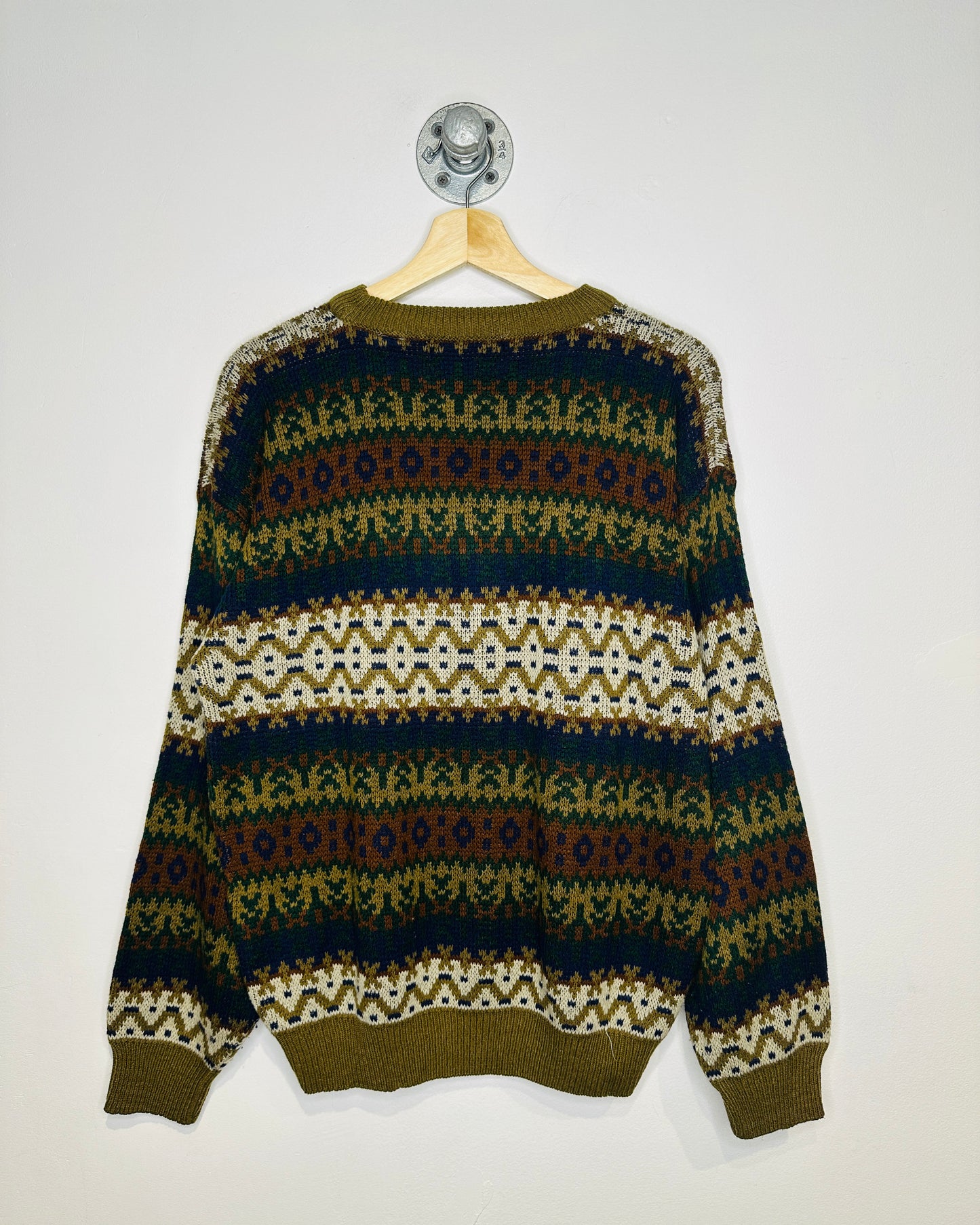 Vintage Early 1990s Olive And Navy Geometric Patterned Acrylic Sweater