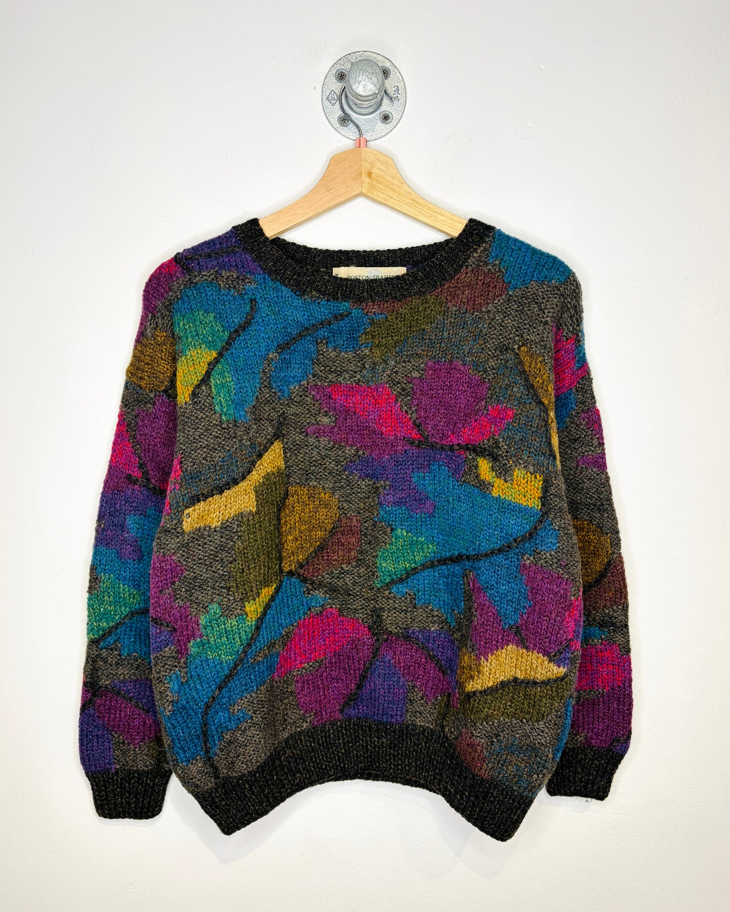 Vintage 1990s Boston Traders Pink And Blue And Brown Tone Abstract Print Sweater