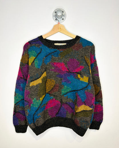 Vintage 1990s Boston Traders Pink And Blue And Brown Tone Abstract Print Sweater