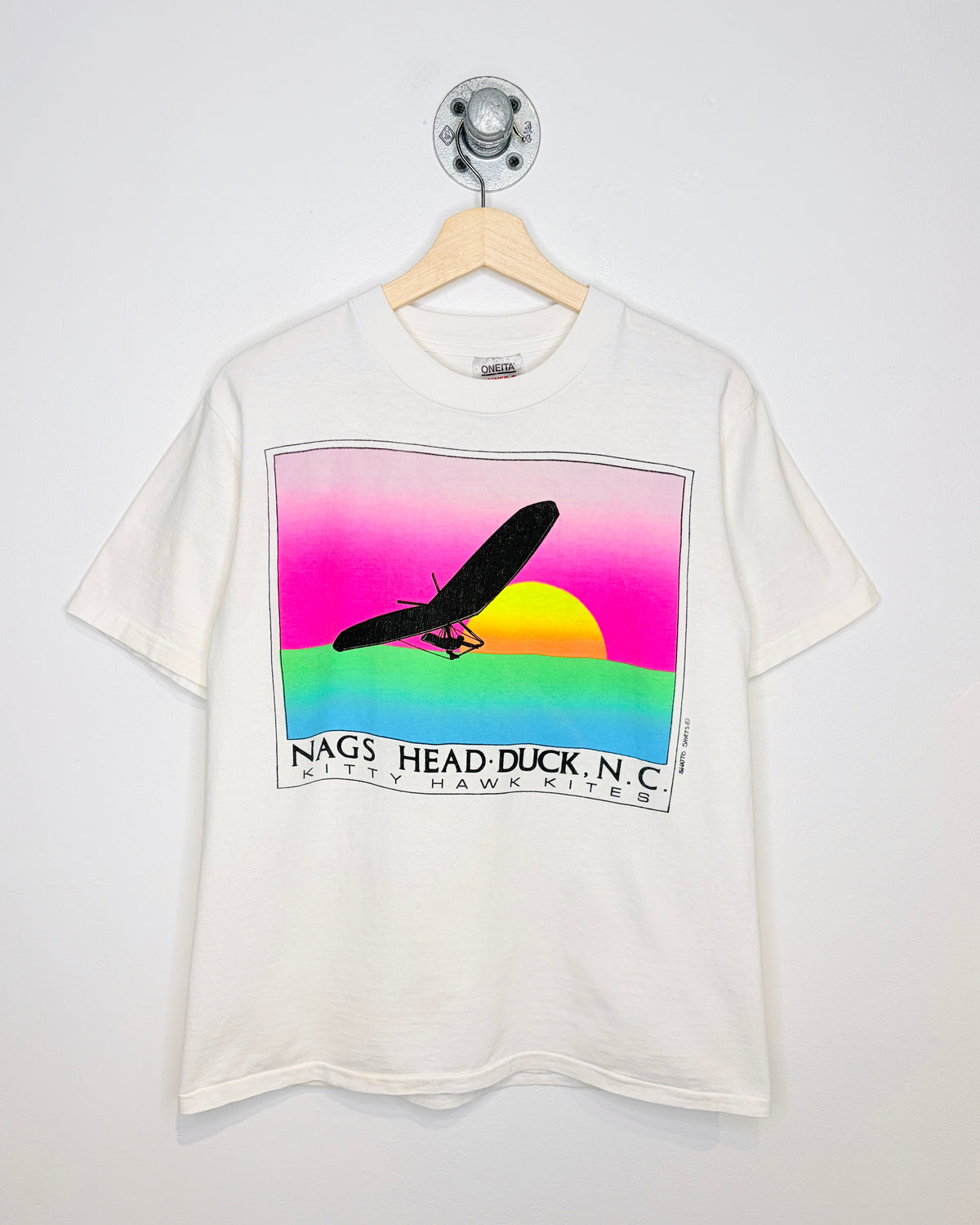 Vintage 1990s Kitty Hawk Kites Fluorescent Graphic White Tee Shirt