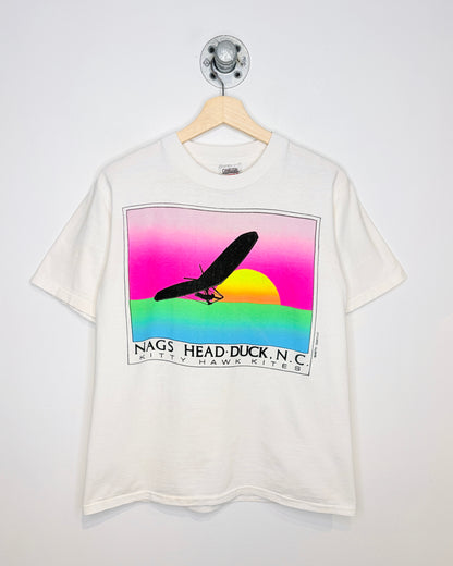 Vintage 1990s Kitty Hawk Kites Fluorescent Graphic White Tee Shirt