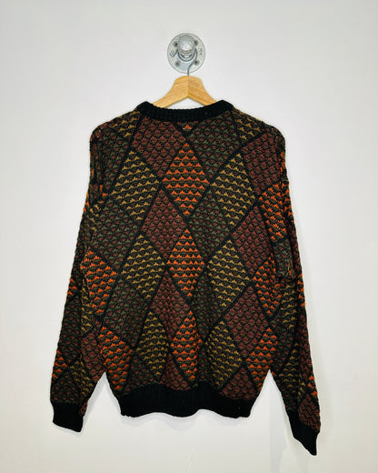 Vintage 1980s The Men’s Store Geometric Patterned Orange And Black Acrylic Sweater