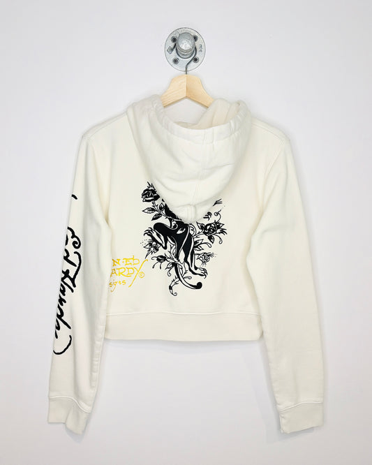 Y2K Ed Hardy White Cropped Zip Up Hoodie