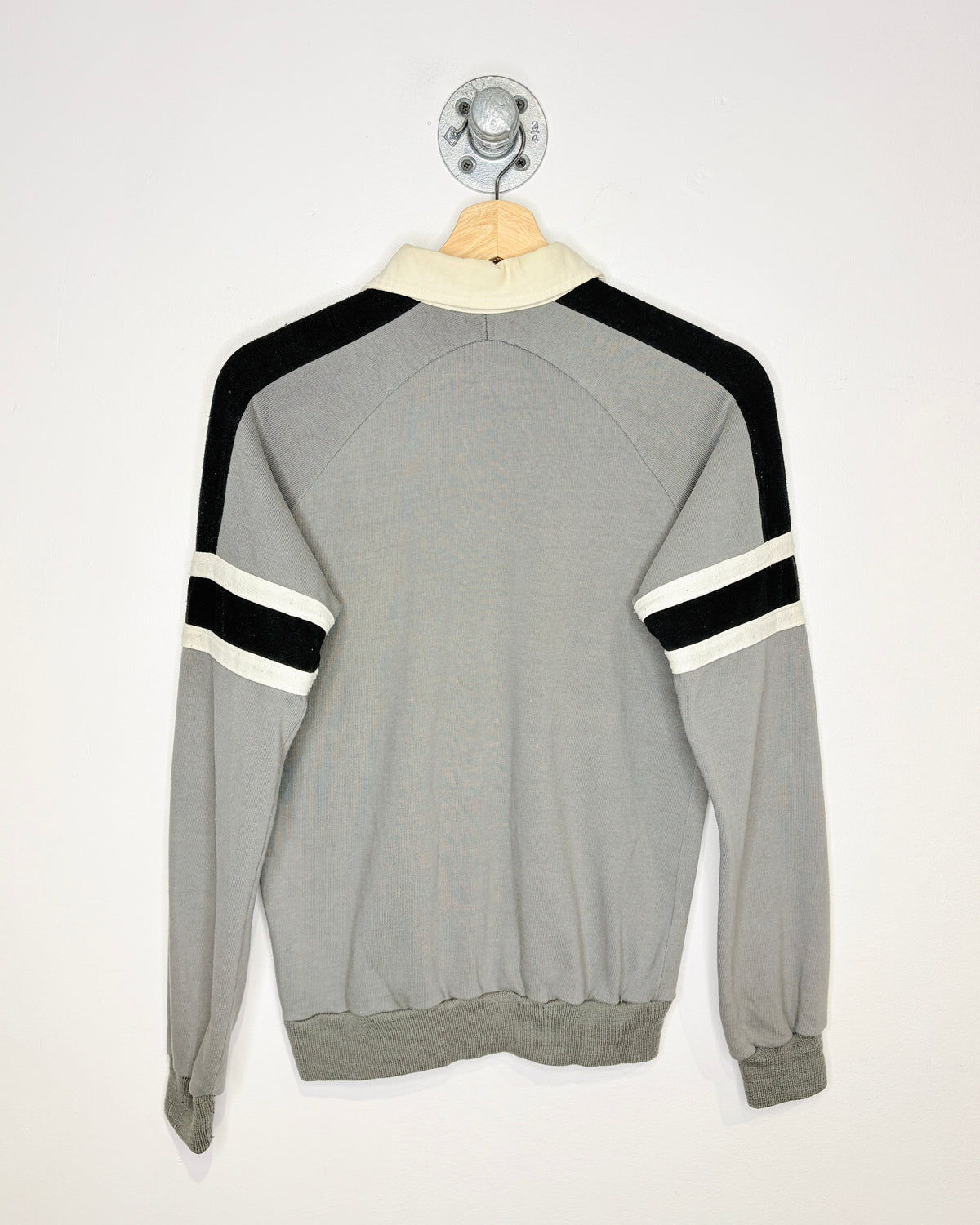 Vintage 1980s Days Grey And Black Long Sleeve Polo Shirt with Cream Collar